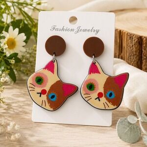 Whimsical Cat Face Earrings Colorful Kitty Dangles Kawaii Statement Jewelry